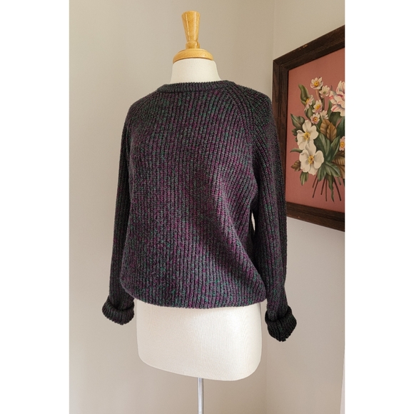 90s Ribbed Crewneck Sweater 1990s Vintage Black Space Dye / Heathered Rib Knit - Picture 9 of 14